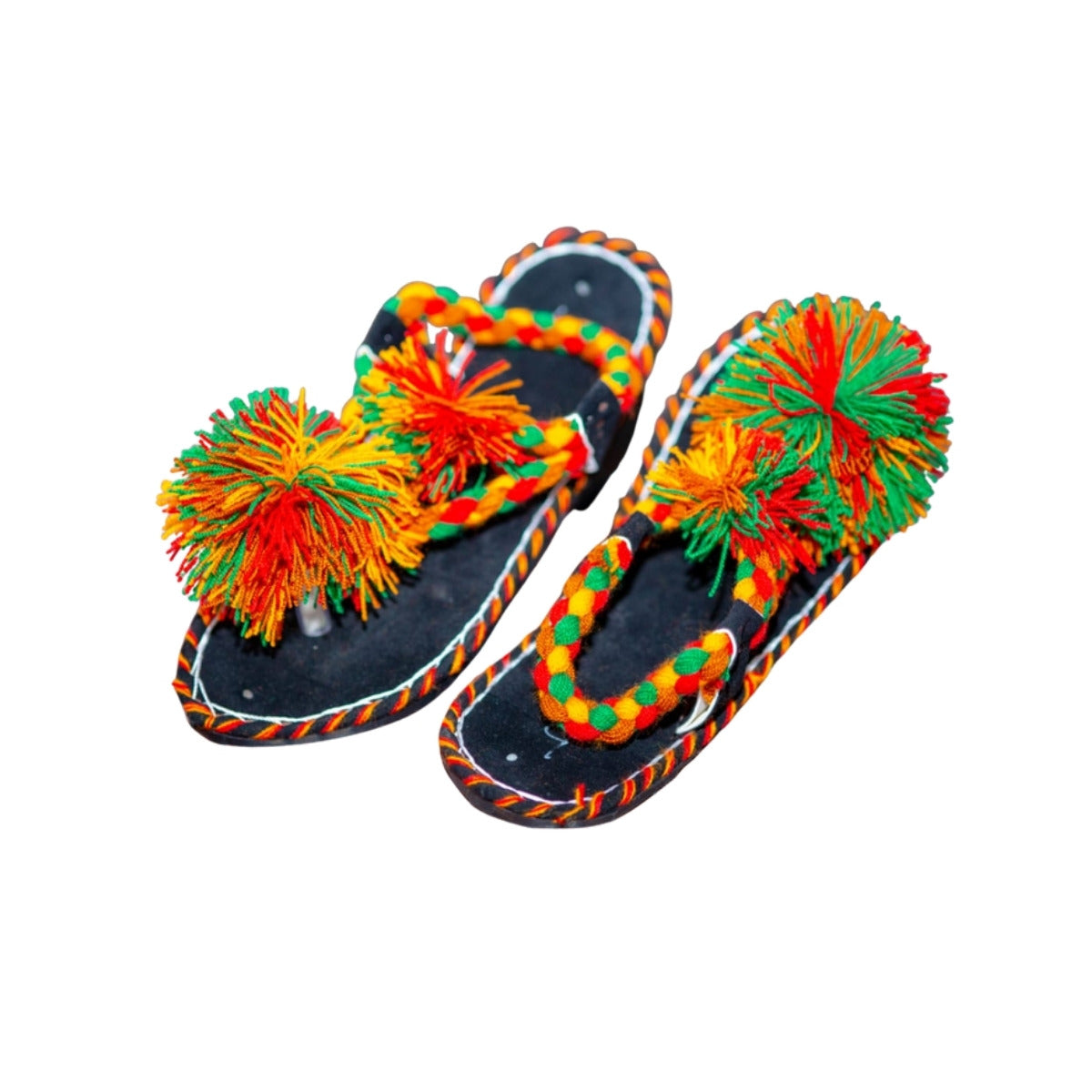 Women's Balochi chappal with red, orange and green pom poms – handmade by Wahjee