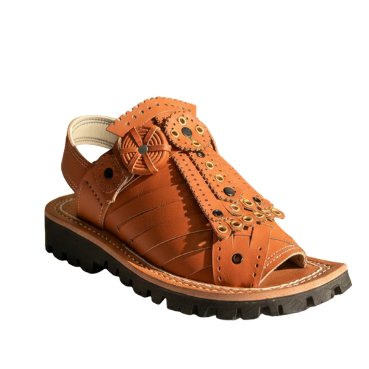 Balochi Chawat Sandal for Men – Orange Tan Rosette – handmade by Wahjee