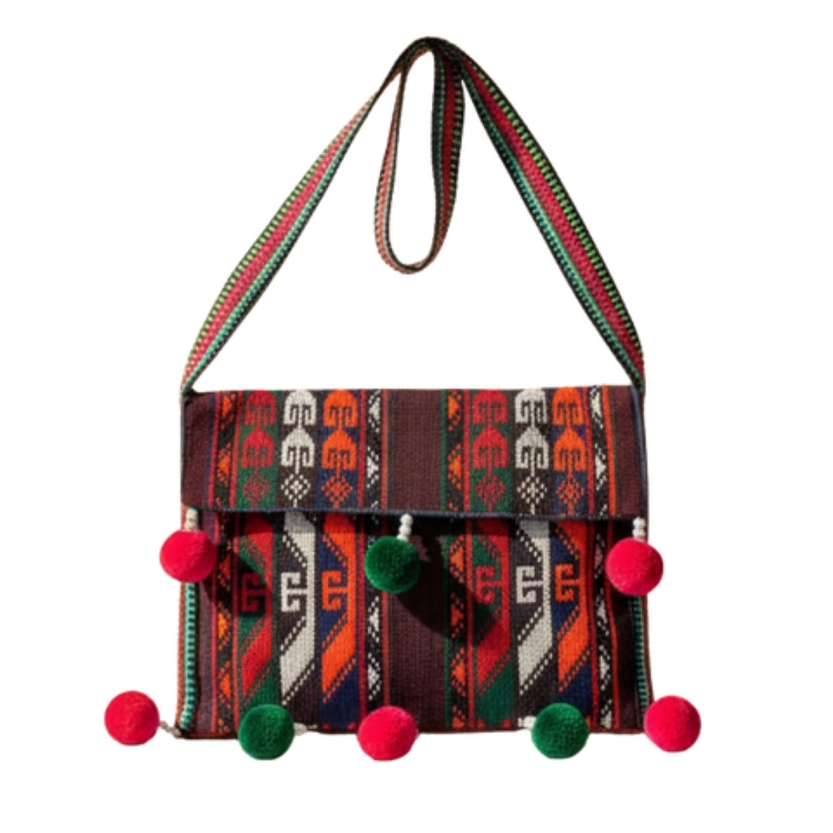 Handmade Afghan embroidered shoulder bag with pink and green pom poms – Wahjee