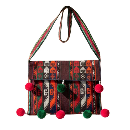Handmade Afghan embroidered shoulder bag with pink and green pom poms – Wahjee