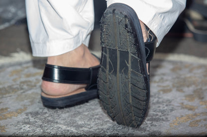 Norozi Chappal for Men – Black Genuine Leather | Tyre Sole