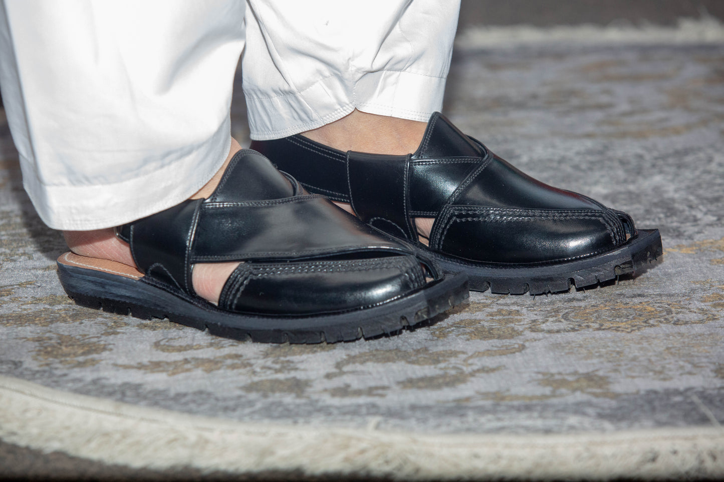 Norozi Chappal for Men – Black Genuine Leather | Tyre Sole