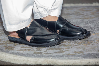 Norozi Chappal for Men – Black Genuine Leather | Tyre Sole