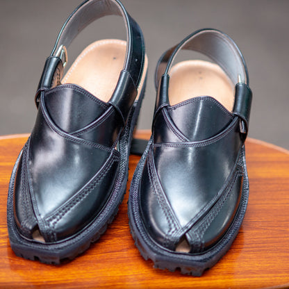 Norozi Chappal for Men – Black Genuine Leather | Tyre Sole