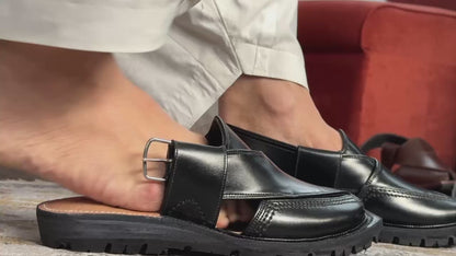 Norozi Chappal for Men – Black Genuine Leather | Tyre Sole
