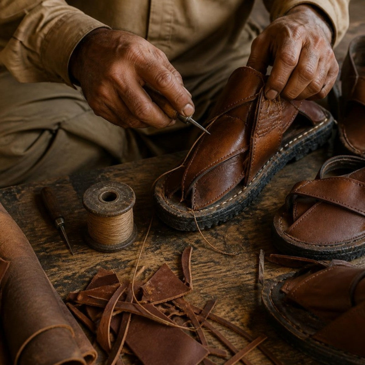 Artisan hand-stitching a traditional Balochi leather chappal – Wahjee handmade craftsmanship